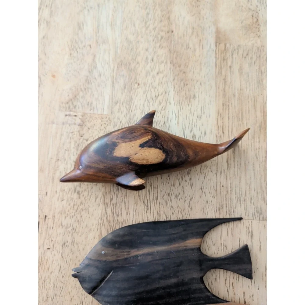 Pair Of Vintage Wooden Dolphin And Fish Carvings